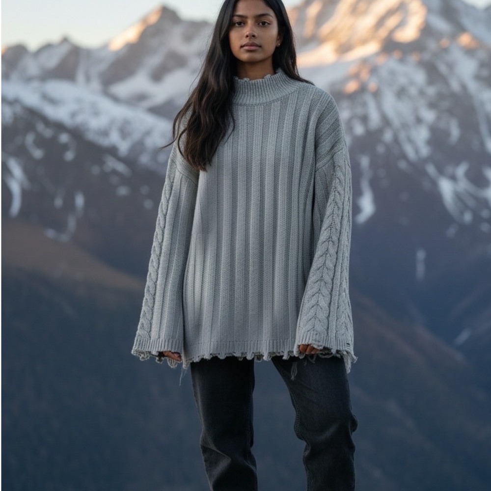 Est 1946 Womens Gray Cable Knit Mock Neck Distressed Hem Sweater Lg Grunge Prep